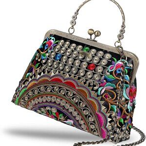 Floral Top-Handle Handbag, Kiss Lock Evening Bag for Women, Vintage Handbag